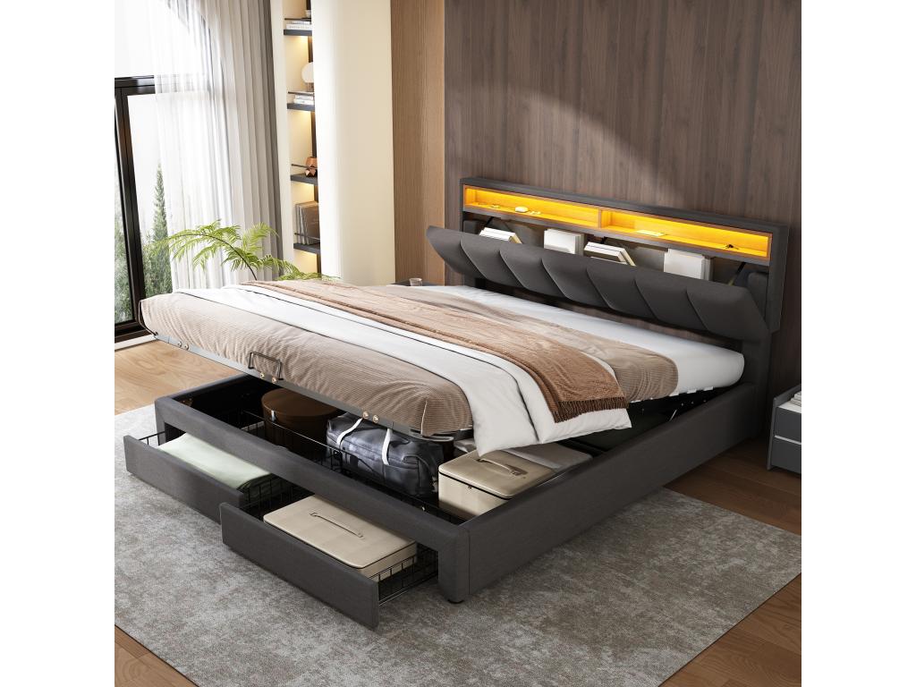 Struttura letto grigia a 2 cassetti, 160 x 200 cm