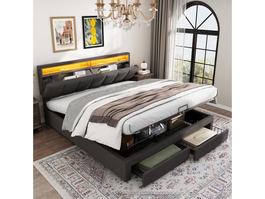 Struttura letto grigia a 2 cassetti, 160 x 200 cm