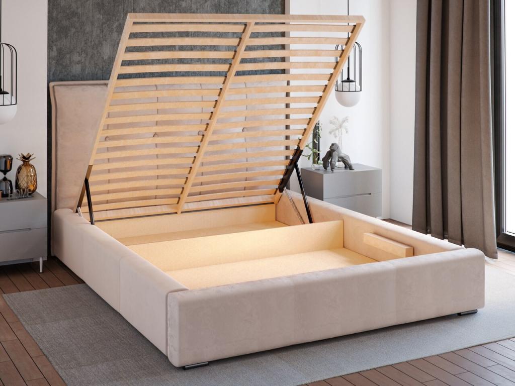 Struttura letto in velluto beige con contenitore, 200 x 200 cm